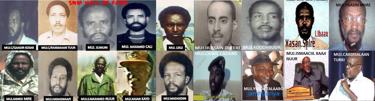 Sabawanaag's tweet photo. Some of the prominent SNM members 

1.Abdiqadir Koosar (Third SNM Chairman)
2. Tuur (5th SNM Chairman &amp; first Somaliland President)
3.Lixle (Leader of Mandheera jail break freeing hundreds)
4. A. Turki (one of the founders of SNM)
5.Ibraahim Koodhbur(Leader of Birjeex jail break) https://t.co/Jgy6lL7hVs