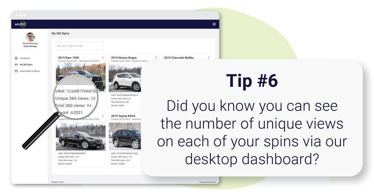 See who’s looking at your listings👀  With Win360s detailed dashboard, you can see just how many eyes have been on your cars. Learn more about what we have to offer via win360.io

#Win360 #360spin #automotive #automotivetechnology