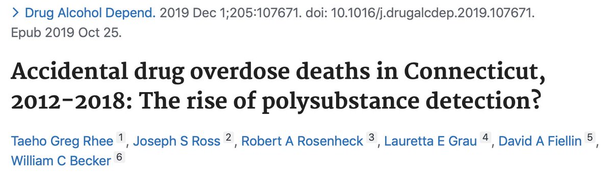 A 2019 study from Dr. Lauretta Grau in collaboration w/ <a href="/YaleADM/">Yale Program in Addiction Medicine</a>'s Drs. David Fiellin, <a href="/WillCBecker1/">Will Becker</a> &amp; colleagues <a href="/YaleIMed/">Yale Internal Medicine</a>, <a href="/YalePsych/">Yale Psychiatry</a>, + <a href="/UConn/">UConn</a> Med examined trends in polysubstance detection associated w/ drug-related #overdose deaths in CT. 
#NPHW2021 pubmed.ncbi.nlm.nih.gov/31706248/