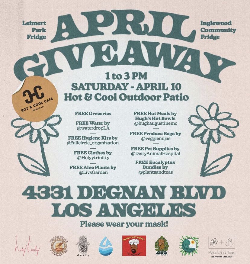 On April 10th, this Saturday, we will be partnering with the Leimert Park Fridge, the Inglewood Fridge and some other amazing organizations to serve the community. We will be giving away hygiene kits 🪥🧼🧴🪒 meet us at Hot &amp; Cool Cafe 📍