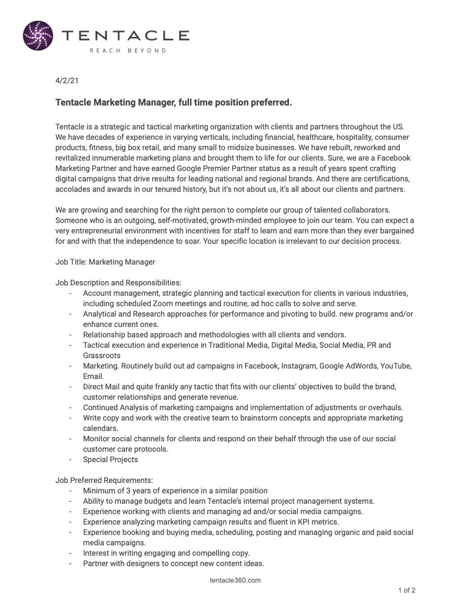 LouImbriano's tweet image. Tentacle is looking to add a marketing leader to its team. Job description is attached. If you can Reach Beyond traditional marketing we may have a spot for you on our roster. #Marketing #Business #RelationshipArchitecture