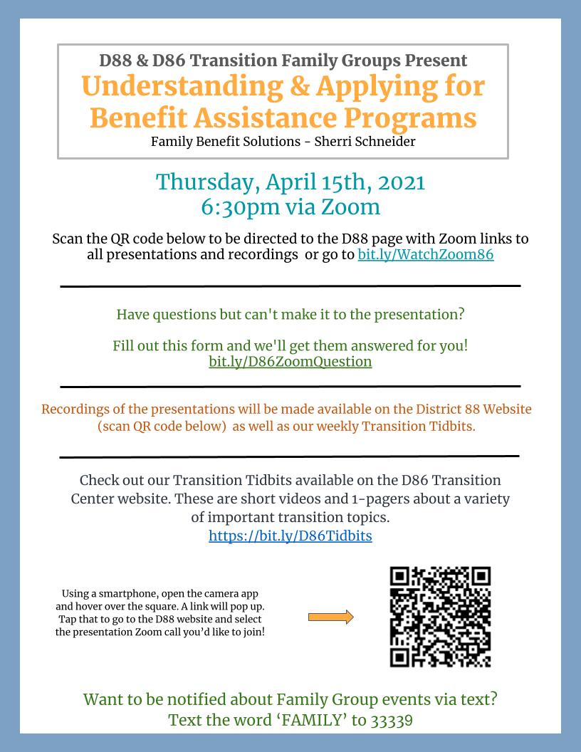 D86Bridge's tweet photo. Join us next Thursday, 4/15 @ 6:30pm, as Sherri Schneider from Family Benefit Solutions presents on family benefits from service agencies. This is a must-attend for any parent/guardian who is interested in accessing services from agencies.  See flyer for how to attend - https://t.co/GRY4ZUFKXo