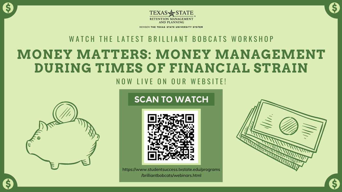 Watch the latest Brilliant Bobcats recorded workshop on our website today to hear from the Office of Financial Aid and Scholarships about strategies for budgeting and managing your money when funds are tight.