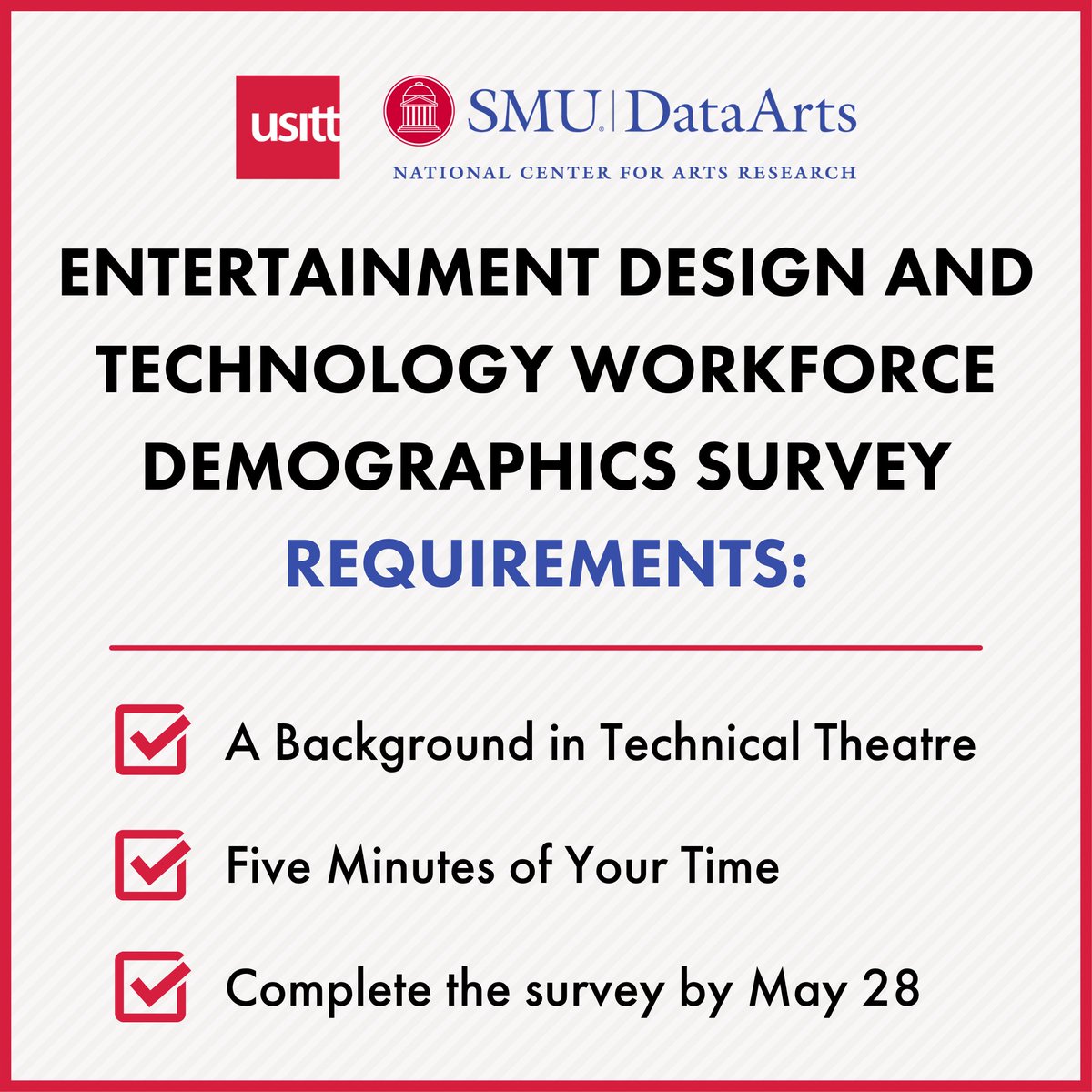 usitt's tweet image. That&apos;s all it takes to partake in our Entertainment Design and Technology Workforce Demographics Survey! Get started now at surveys.culturaldata.org/USITT-demograp….

#USITT #SMUDataArts #NationalDemographicSurvey #TechnicalTheatre