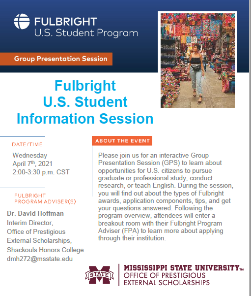 msstateglobal's tweet photo. Don't forget the Fulbright Informational Meeting is tomorrow! Learn about how you can further your education, teach or research abroad with this prestigious scholarships! #dawgsabroad #fulbright https://t.co/R66aWEkOhC