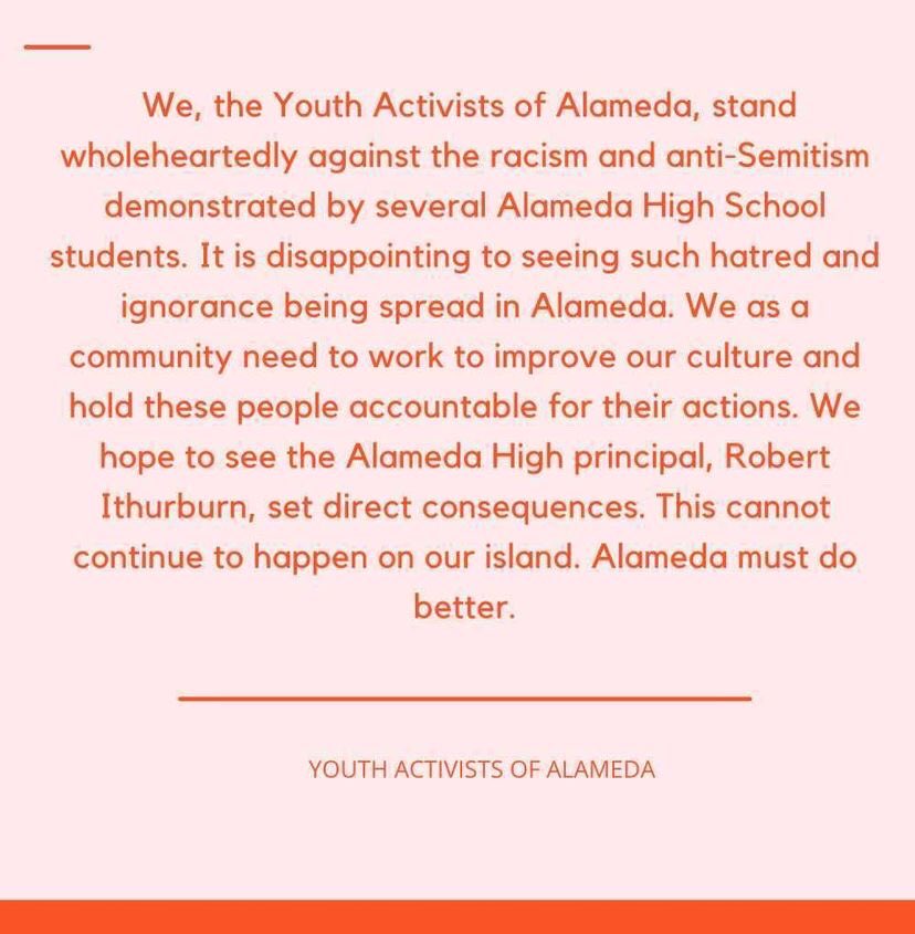 YAOAlameda's tweet photo. It is horrifying and repulsive to see such hateful words and actions come from our fellow students. The YAOA stand firmly against all hate speech. It is disheartening to see such aggression from our peers and classmates. We cannot stand for this. We must do better. https://t.co/rCOJGDEtx3