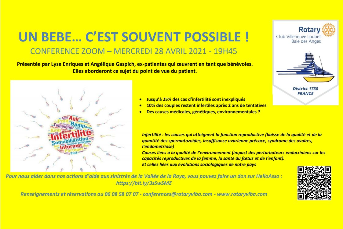 RotaryVLBA's tweet image. UN BEBE, C’EST SOUVENT POSSIBLE
Par Lyse Enriques et Angélique Gaspich
Quels sont les types d'infertilité ? Quelles sont ses causes ? Ses symptômes ? Ses traitements ?

CONFERENCE MERCREDI 28 AVRIL 2021 - 19h40

Renseignements et résa au 0608580707-conférences@rotaryvlba.com