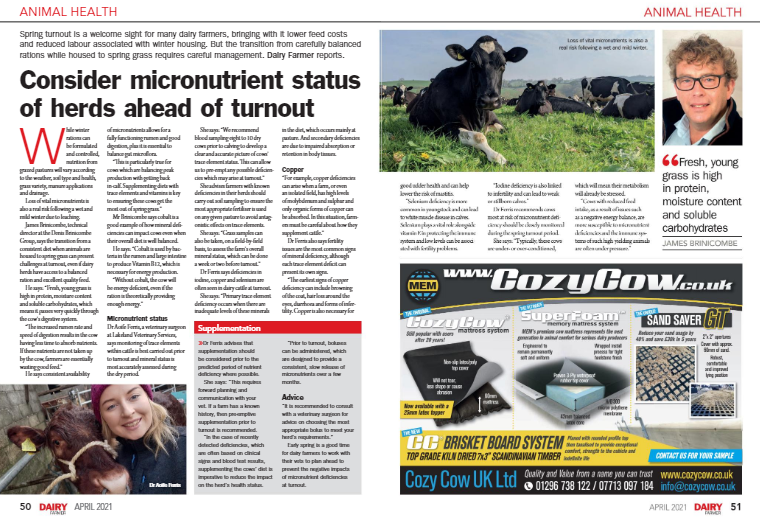 brinicombeb2b's tweet photo. Pick up April's @DairyFarmerMag &amp; on pages 50-51, learn the benefits of assessing micronutrient status &amp; supplementation in herds ahead of #springturnout from our technical director, James Brinicombe @DenisBrinicombe and Aoife Ferris at Lakeland Veterinary Services 🐄 #TeamDairy https://t.co/2lDHU6sEA9