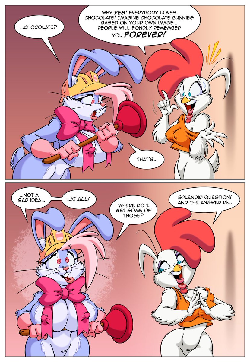 I'm quite late, but my psycho bunny got a "sweet" setback this year. 🍫
Happy belated #Easter 2021 and enjoy a brand new comic with Esther &amp; Choo-Choo!🐰🪠🐔
(Also guest starring @Falsecreator35 OC 'Kacey'!) 