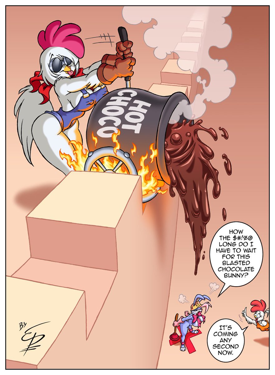 I'm quite late, but my psycho bunny got a "sweet" setback this year. 🍫
Happy belated #Easter 2021 and enjoy a brand new comic with Esther &amp; Choo-Choo!🐰🪠🐔
(Also guest starring @Falsecreator35 OC 'Kacey'!) 