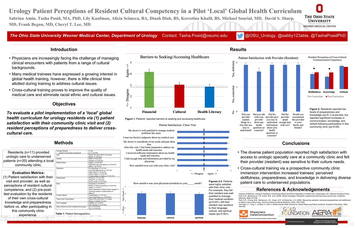 @OhioStateMed @dm_langston @sabby123able @Matt_Murtha13 @TashaPosidPhD @ctleeuro @OSUWexMed Project: 'Urology Patient Perceptions of Resident Cultural Competency in a Pilot 'Local' Global Health Curriculum' Student: @sabby123able Link: bit.ly/31OrX4l Advisor: @TashaPosidPhD @OSUWexMed @ctleeuro @MSourialMD @AliciaScimeca @dinahdiab @FirstGenOSU