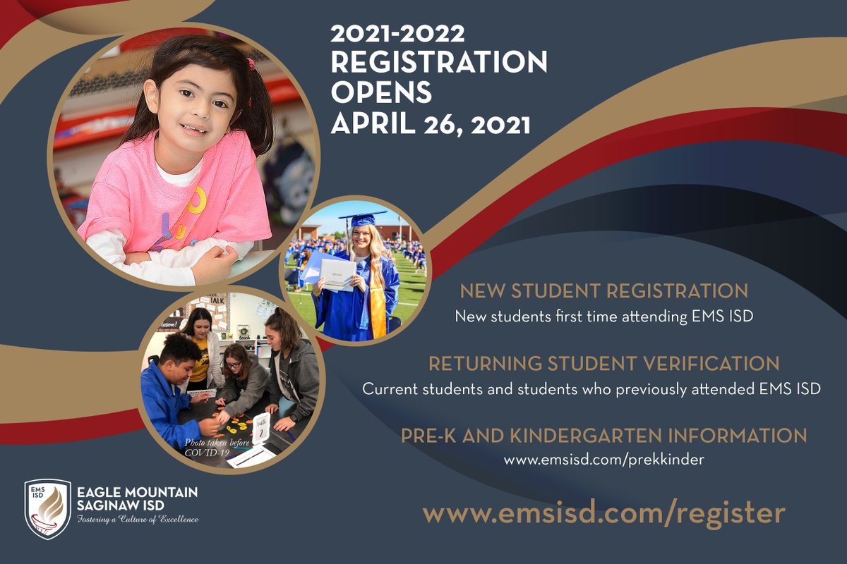Registration and student verification for the 2021-22 school year opens Monday, April 26. All students – new and returning – must complete the process. Visit emsisd.com/register for more information. Pre-K and Kindergarten information can be found at emsisd.com/prekkinder.