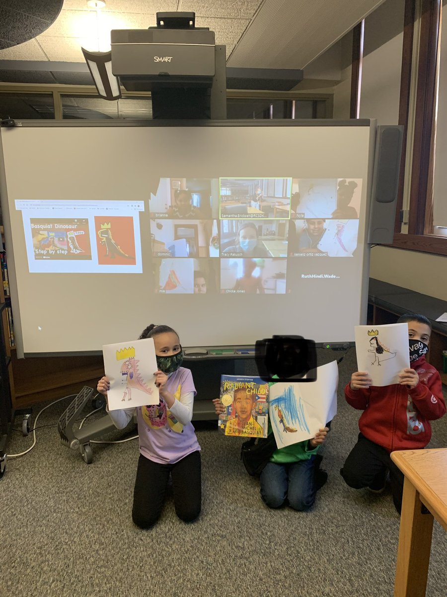 LibEricksen's tweet image. Library &amp;amp; Art Collaboration. Today we learned about Artist, Jean Michel Basquiat and then drew his famous dinosaur. #hybridteaching #Basquiat #simultaneousteaching #nylibraryweek  @RCSDsch5 @NYBookDr @HammondTerrilyn