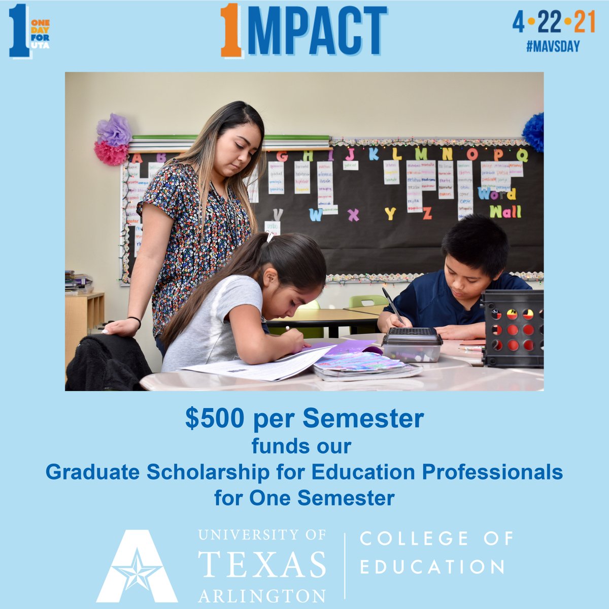 #MavsDay Impact: $500. The cost per semester to fund our Graduate Scholarship for Education Professionals through our Dean's Excellence Fund. Together we can create an impact for current and future students! Make a gift mavsday.uta.edu or uta.edu/education #4Ed4UTA