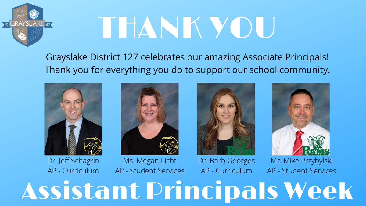Thank you to our wonderful Associate Principals for all you do! Nothing happens without these people! #D127GetsReal #RamsLife #GNHSPride <a href="/BarbGeorges/">Barb Georges</a> <a href="/APPrzybylski/">Mike Przybylski</a> <a href="/LichtMeg/">Meg Licht</a> <a href="/jschagrin/">Jeff Schagrin</a>