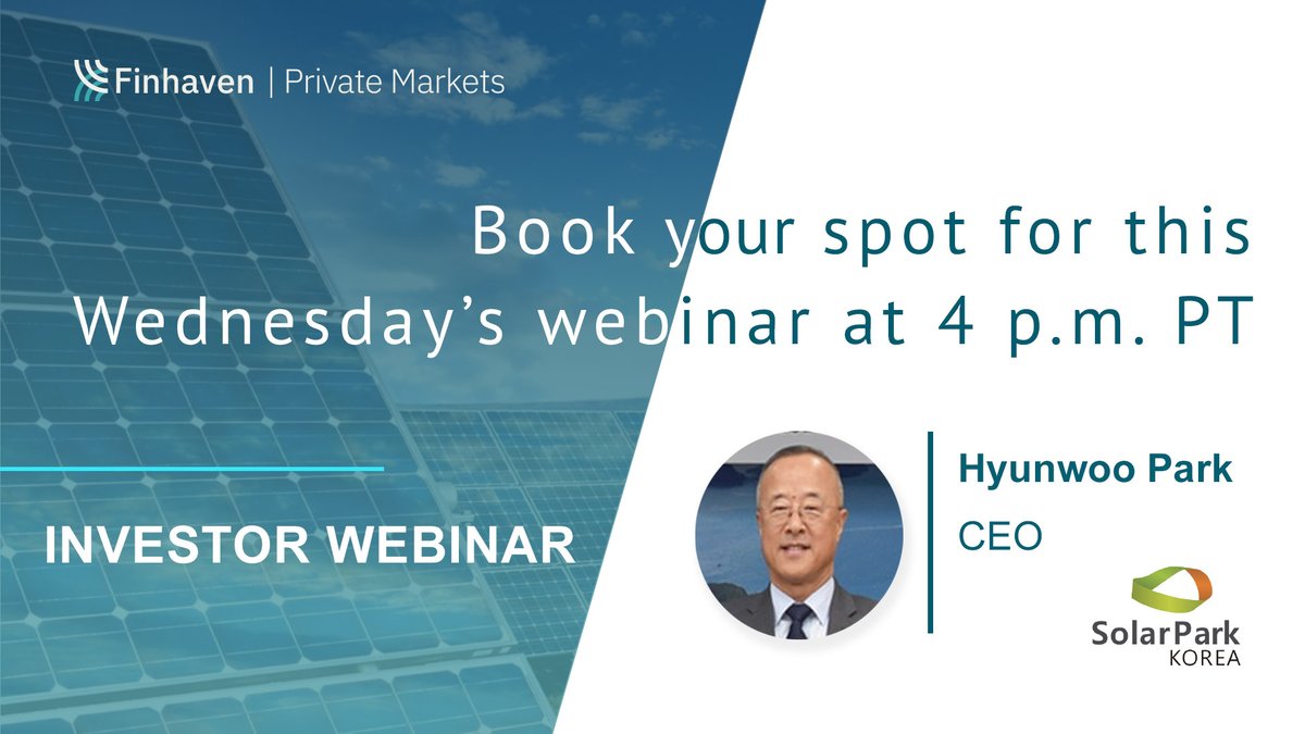 FinhavenHQ's tweet image. Sign up for this exclusive investment. SolarPark, one of the world's leading solar panel manufacturers, has a secured $33.2M USD contract to supply solar panels for Phase 1 of a $5B USD South Korean solar project.

zoom.us/webinar/regist…

#cleanenergy #solarpark #finhaven
