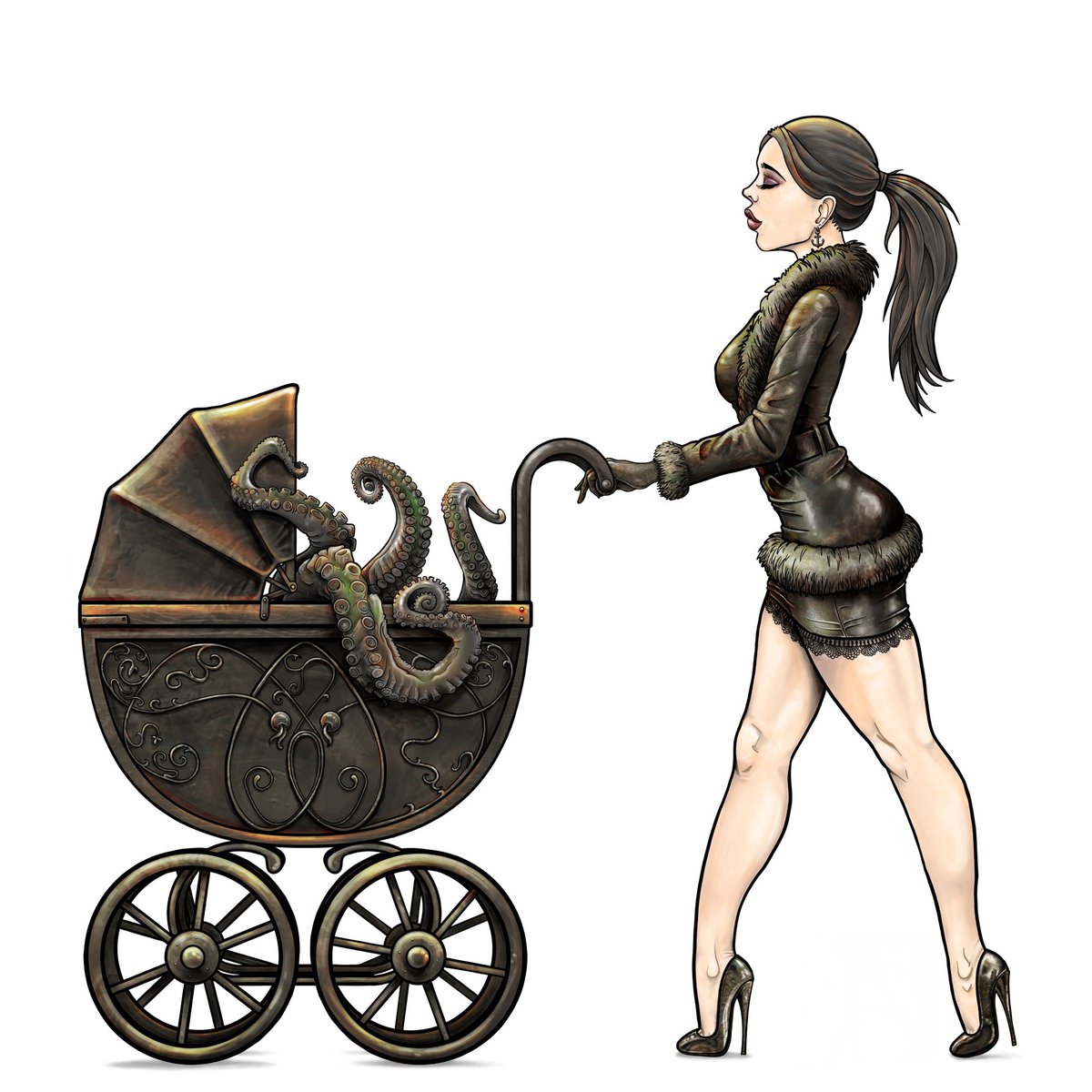 RobinLivesey's tweet photo. Kraken mother, digital illustration by me #kraken #octopus #tentacles #pram #pinup #mother #art #Illustration #digitalart #ArtistOnTwitter https://t.co/gOlpO472Dy