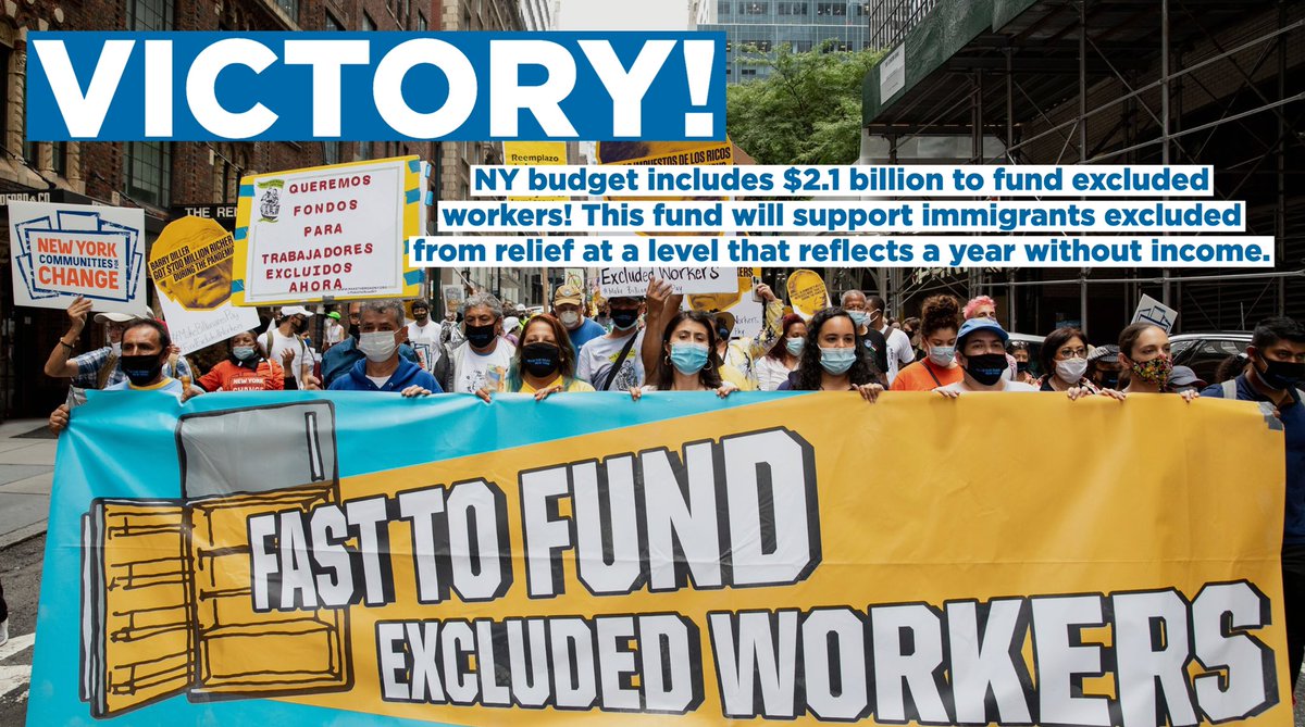 VICTORY! NY budget includes $2.1 billion to #FundExcludedWorkers! This fund will support immigrants excluded from relief at a level that reflects a year without income. GRACIAS @FEWCoalition allies & the fierce hunger strikers who put their bodies on the line for 23 days!