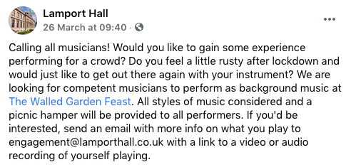 unbelievable scenes over on Facebook. 'Struggled for work for over a year? Career stagnating with barely any support? Come down and work for no fee!'