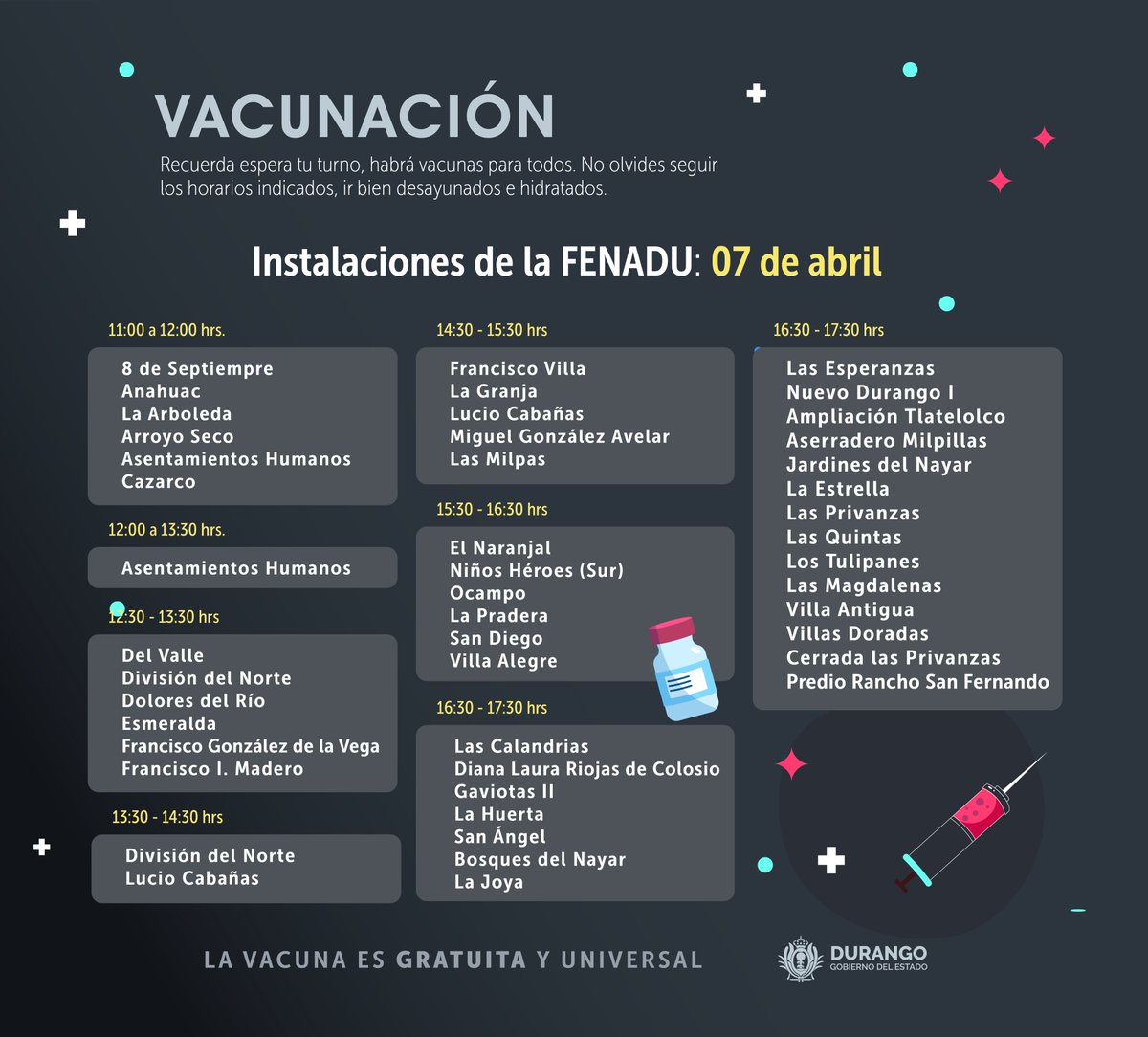 gobdgo's tweet image. En la ciudad de #Durango estamos vacunando contra #COVID19. Acude a tu módulo de vacunación en el día y hora que te corresponde, según tu ubicación. Trabajemos unidos y en orden para regresar a la normalidad.