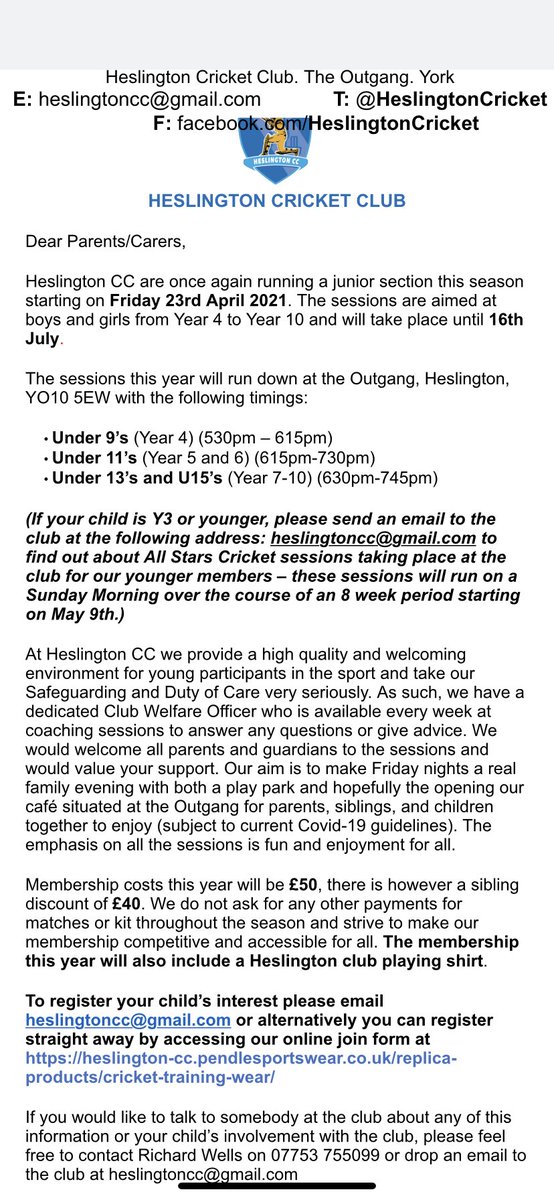 Attention budding cricketers... <a href="/HeslingtonCC/">Heslington CC</a> are starting their junior section for Year 4 children and above on Friday 23rd April! All the info you need is below! If your child is Year 3 or below and would still like to be involved, see info below re All Stars starting in May🏏