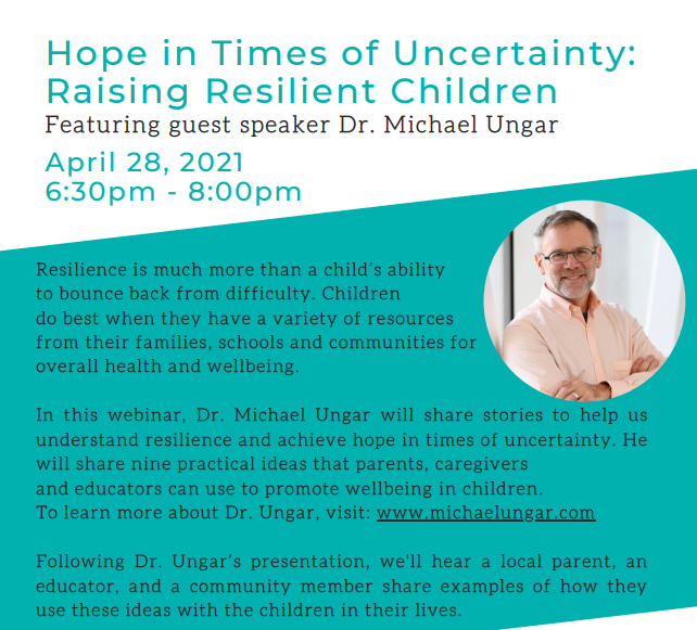 ugdsb's tweet photo. UGDSB is offering parents/guardians a webinar at the end of April. Join us for "Hope in Times of Uncertainty: Raising Resilient Children" featuring Dr. Michael Ungar on April 28 from 6:30-8:30pm. For more info or to register, visit: https://t.co/a2Nc11s6U2
#MHUG https://t.co/f9l8PPyJKB