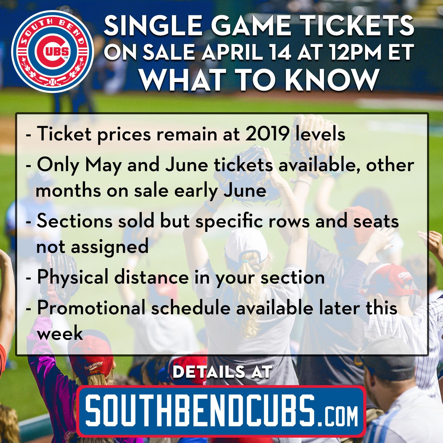 South Bend Cubs Did You Hear Today S Big Announcement Single Game Tickets Go On Sale April 14 But There Is So Much More Information Available Onlyinthebend Southbend Sbcubs Baseball Openingday