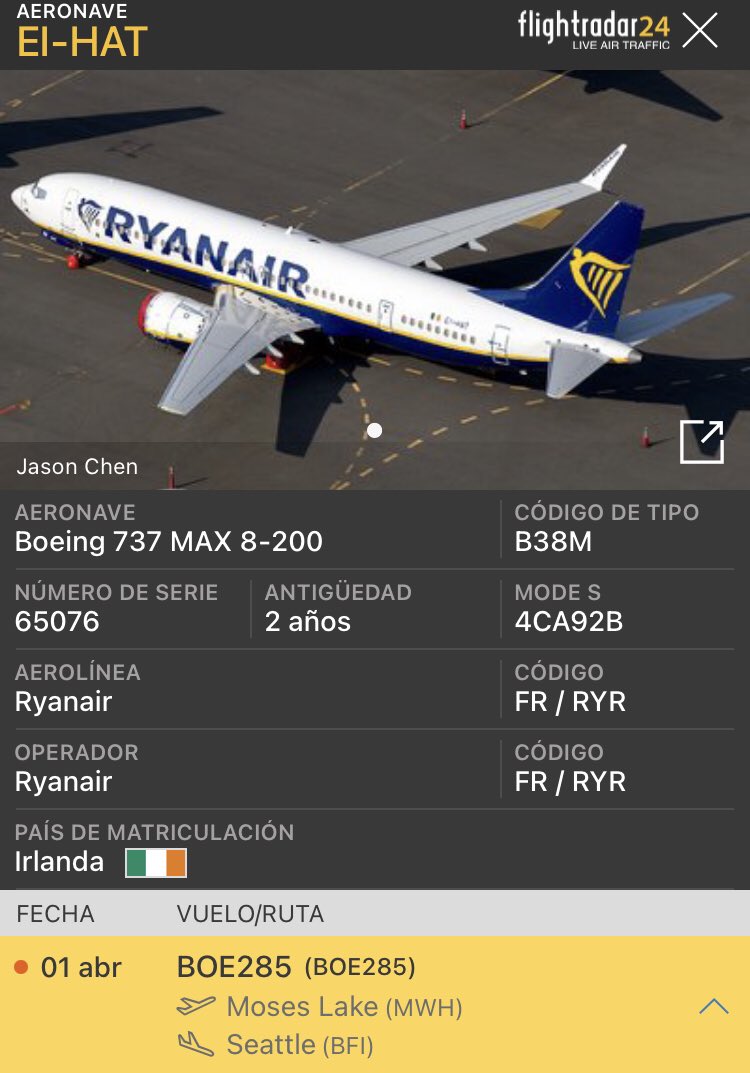 aerostacion's tweet photo. Si la semana pasa la FAA certificaba el Boeing 737-8200 MAX, hoy @EASA valida el certificado de tipo y abre la puerta a que Ryanair pueda comenzar a operar con este modelo. ¿Casualidad que se haya posicionado hoy una aeronave de este modelo a BFI? ¿Próximo vuelo de entrega? https://t.co/BtL6o2xIXx