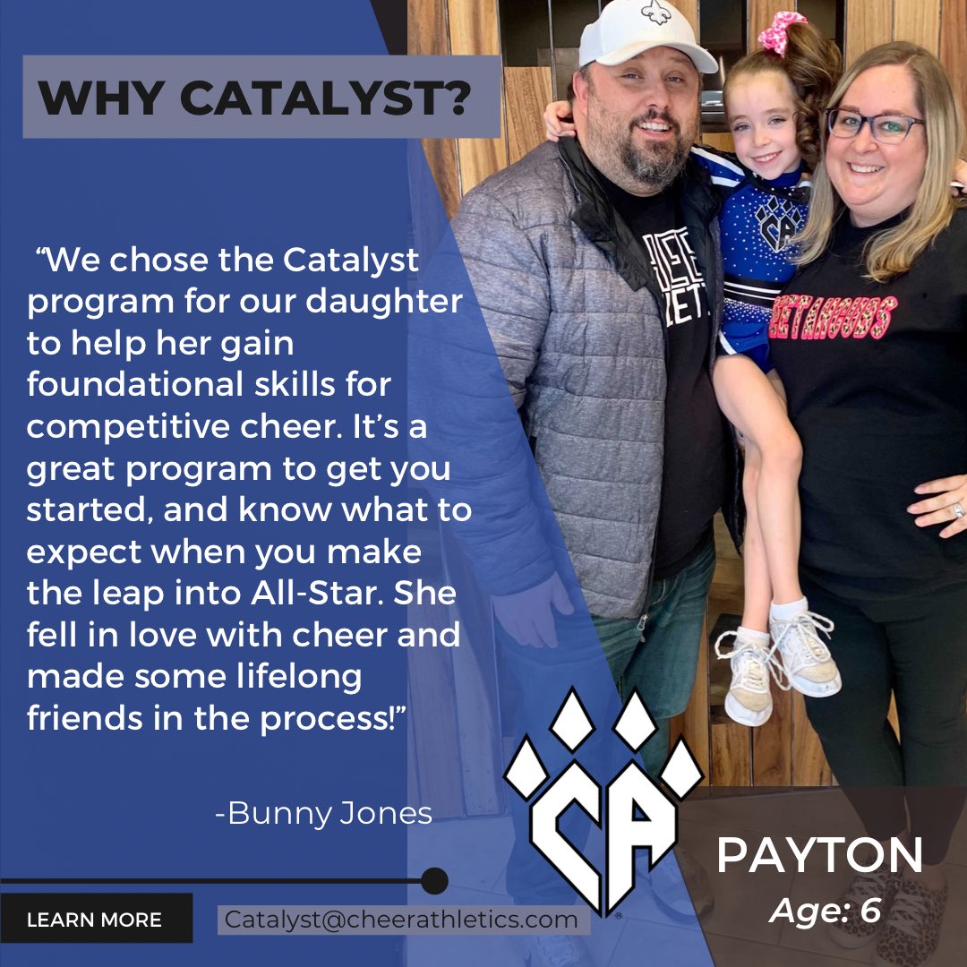 CA_Catalyst's tweet photo. Everyone has their reasons why Catalyst was right for their family. Today we asked the Jones, and here’s what they had to say! 💙😻 #catalyst #cheer #cheerleading #allstarprep #cheerathletics Register for tryouts today at https://t.co/gBSnNAct2q ! https://t.co/VQTD1Ww93l