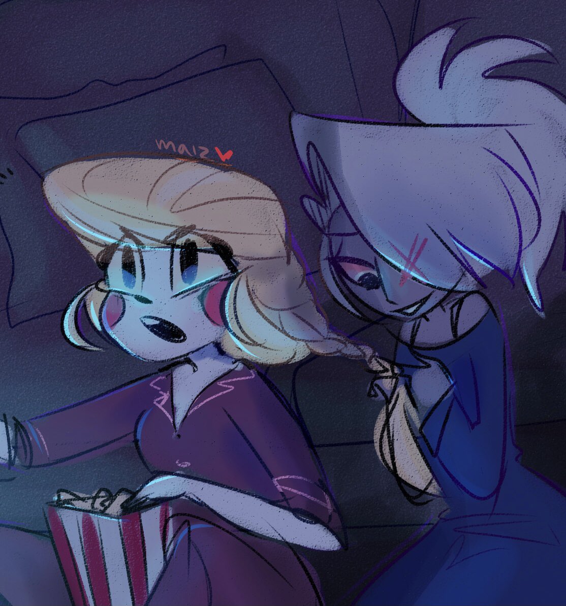 maiz_eee's tweet photo. “Vaggs, are you seeing this? They aren’t even TRYING to be accurate!”

@bunnkies gave me a movie night chaggie prompt and I had to do it to em 

Or Charlie being mad at inaccuracies in horror movies #HazbinHotel #chaggie #rainbowmoth #HazbinHotelFanart https://t.co/wEAdSGNG8I