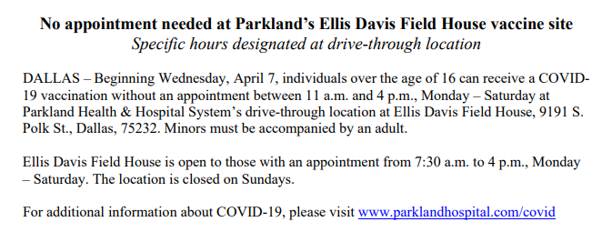 KatyBlakeyNBC5's tweet photo. VACCINES: Need the shot? Starting Wednesday, April 7th NO APPOINTMENT needed at @Parkland drive-thru site at Ellis Davis Field House. @NBCDFW https://t.co/SCYyAqidNU