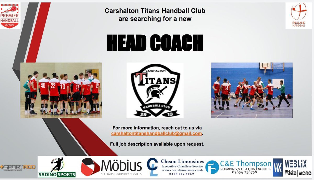 We are still looking for a head coach for our men’s first team 🤾‍♂️

Get in touch if you’re interested !!! 

Carshaltontitanshandballclub@gmail.com

<a href="/englandhandball/">England Handball</a> 
<a href="/LondonHandball/">London Handball</a> 
<a href="/britishhandball/">British Handball Association (BHA) - Official</a>
