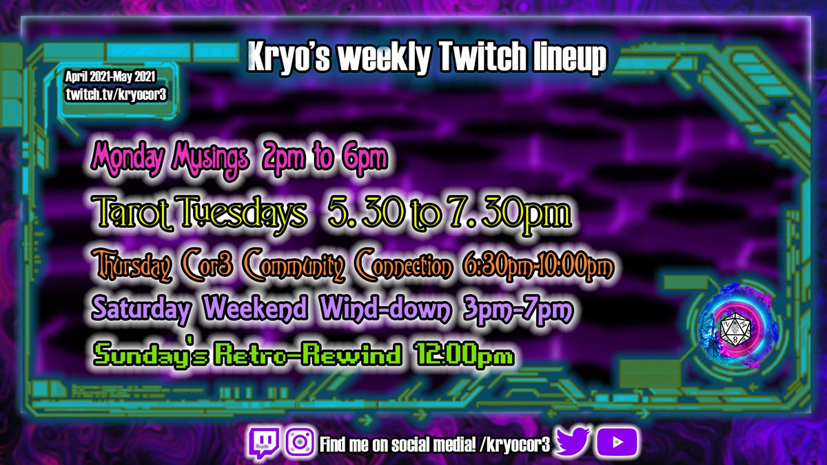 Kryocor3's tweet image. I have a schedule now! Join me at twitch.tv/Kryocor3

Schedule and channel art done by @MelodyPond33