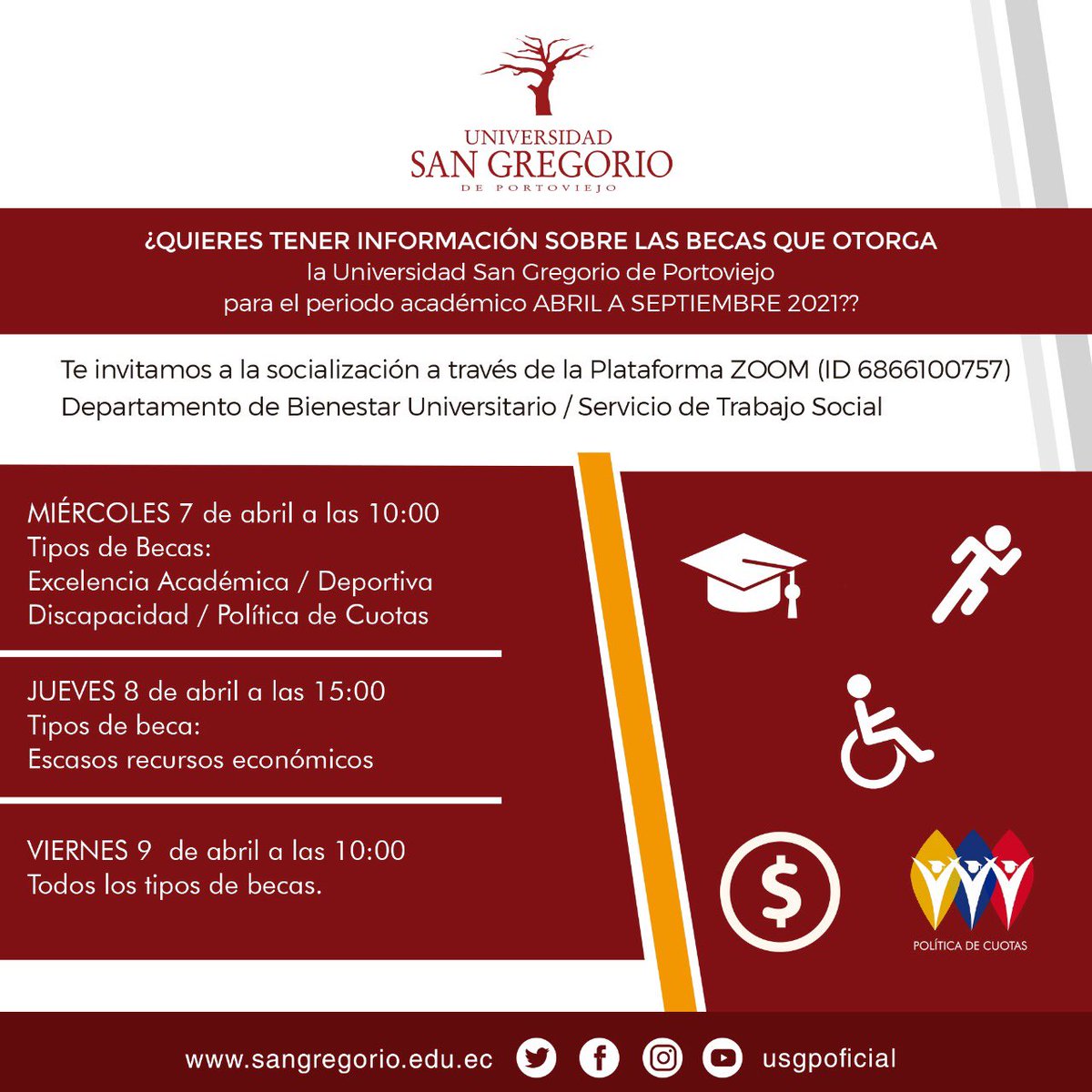 USGPOFICIAL's tweet photo. El Departamento de Bienestar Universitario de la #USGP te invita a la socialización de las becas que otorga nuestra Institución para el periodo académico Abril – Septiembre 2021.
ID( 6866100757)
#SomosUSGP
#LaGranFamiliaGregoriana https://t.co/kRcOEhdQIm