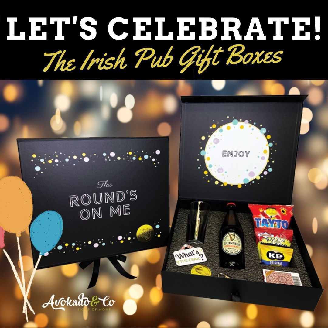 **All New Irish Pub Gift Boxes**... The Gift of Sharing A Round With Someone! #irishgiftboxes #buyirish #goingforapint #irishpub #tismyround #tisyourround #irishsayings #irishmammy #gaspingforapint #lockdowngift