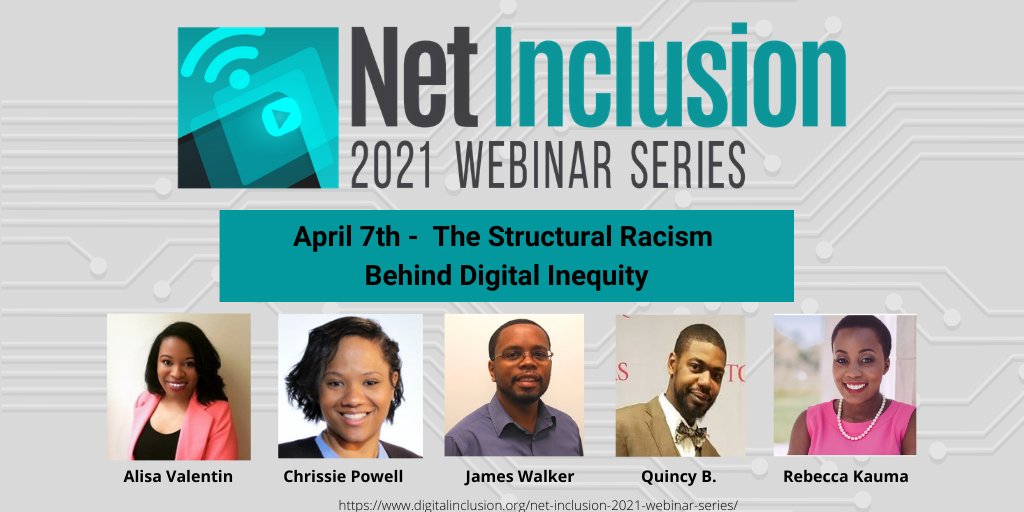 TOMORROW: "The Structural Racism Behind Digital Inequity" webinar starts at 1 PM ET and the Virtual Reception starts at 7:30! Hope to see you there!
@AlisaValentin <a href="/chrissie_powell/">Chrissie Powell</a> <a href="/LongBeachCity/">City of Long Beach</a> <a href="/pbdd_org/">PBDD</a> 

Register here: digitalinclusion.org/net-inclusion-…