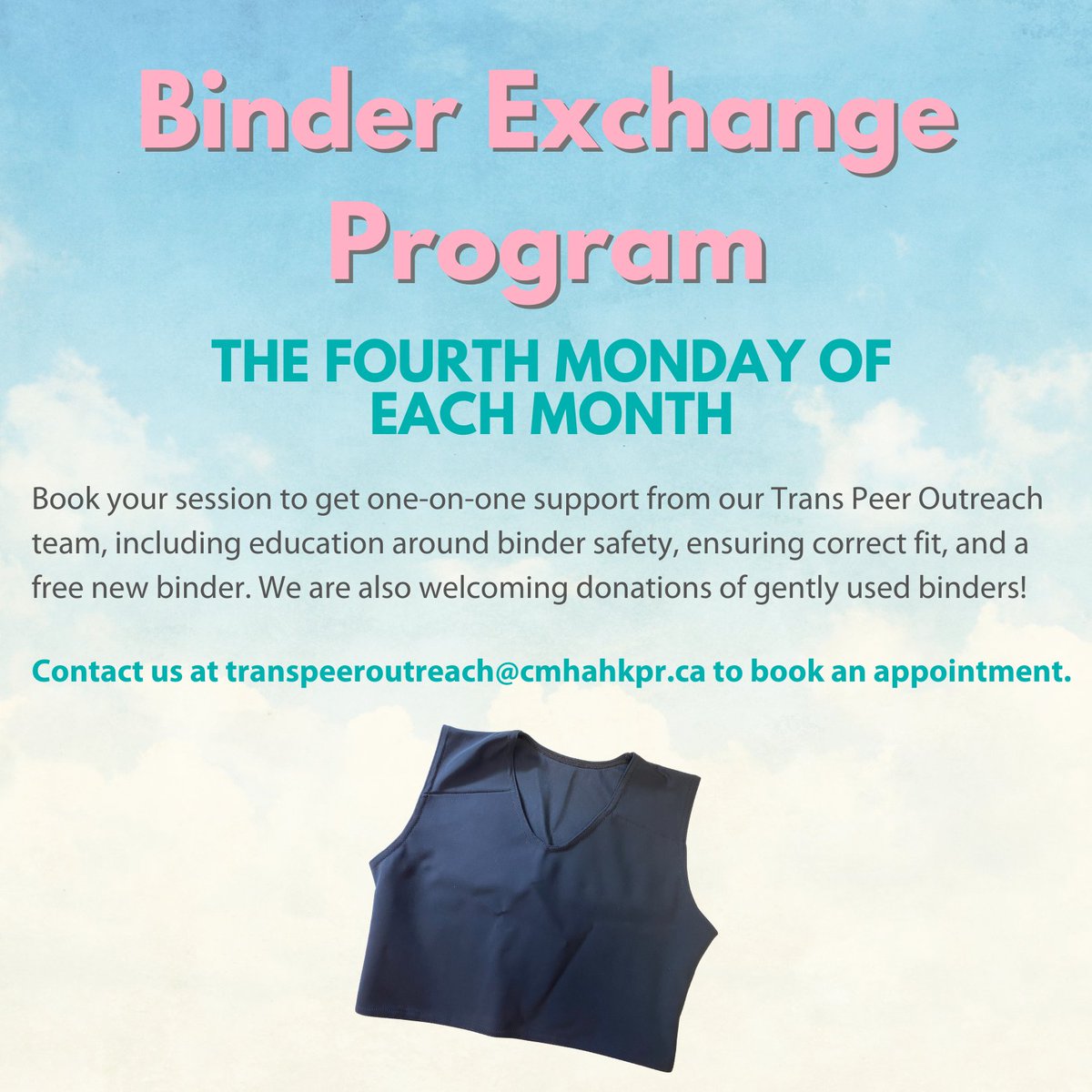 Our Binder Exchange program is still running on the fourth Monday of each month! Email us at transpeeroutreach@cmhahkpr.ca for more information or to book an appointment.