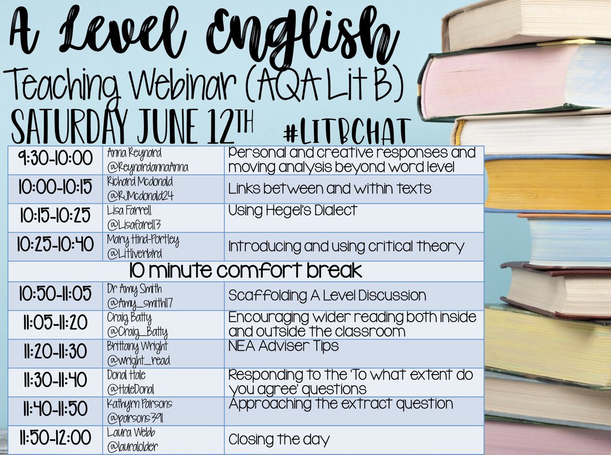 LauraLolder's tweet photo. 🚨 A LEVEL ENGLISH WEBINAR 🚨 
The first of its kind (I think!) 
9 incredible speakers offering a range of sessions.
Programme in the image below. 
June 12th, 9:30-12:00
Free CPD in the comfort of your own home!
Tickets below. #Litbchat 
We can’t wait!
https://t.co/ap0nK8TcIm https://t.co/xCz4ktkM00