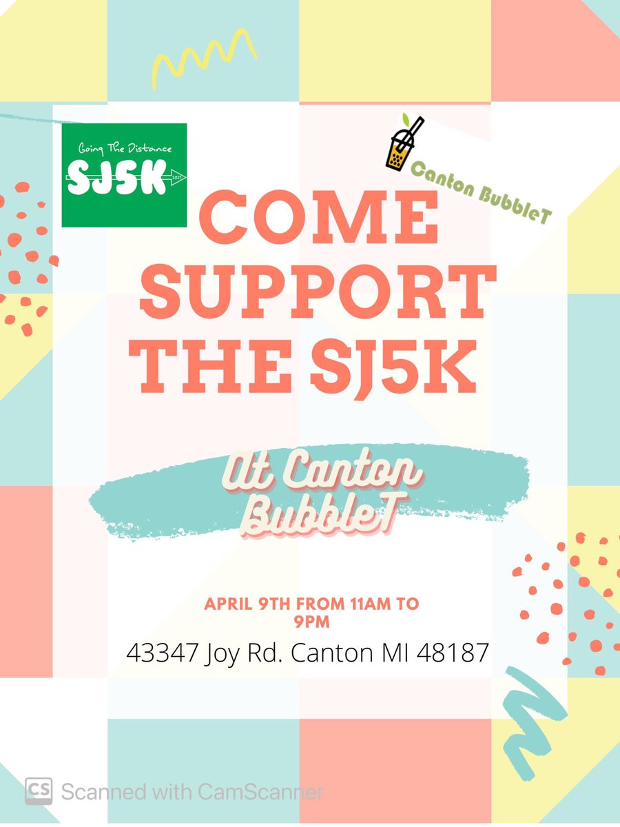 TheSJ5K's tweet photo. Come support the SJ5K this Friday, April 9th at Canton BubbleT! 20% of proceeds will go towards this year’s recipient families. Invite a friend for a tea, smoothie, or smoothie bowl. We can’t wait to see you all there! 💚 https://t.co/tkUTUwiSod