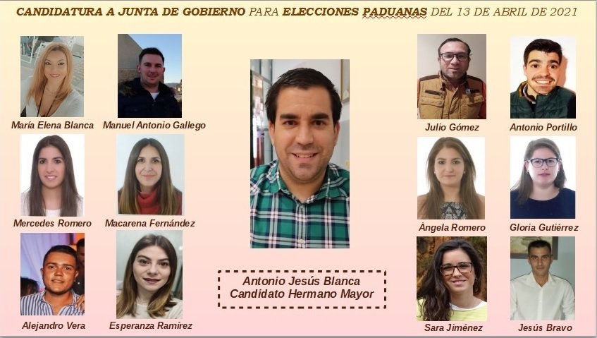 Miembros de la Candidatura presentada por Antonio Jesús Blanca para las Elecciones Paduanas a Junta de Gobierno. Hacemos esta publicación para que los herman@s puedan conocer a los componentes, quedando a disposición de todos ell@s para cualquier pregunta, duda o sugerencia.