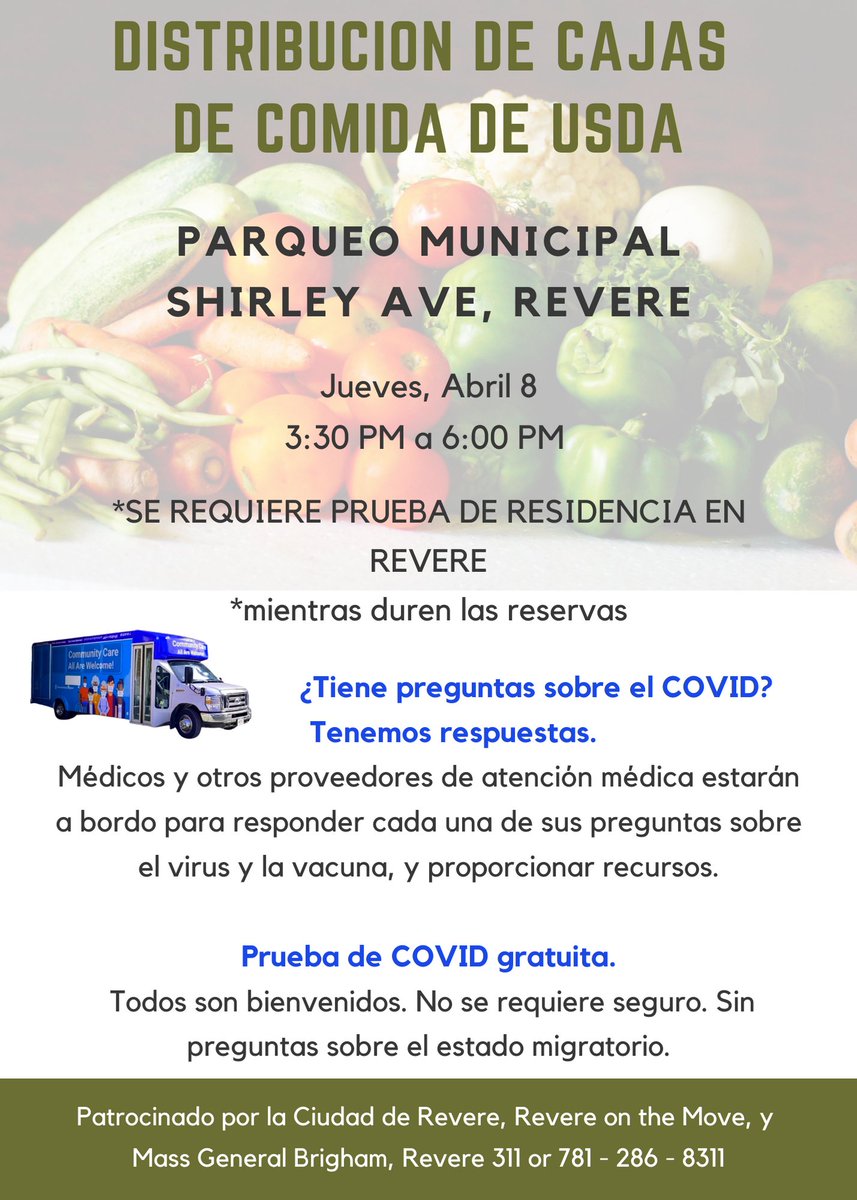 Free food boxes in the Municipal Parking Lot, on Shirley Ave, Revere. This Thursday, April 8.