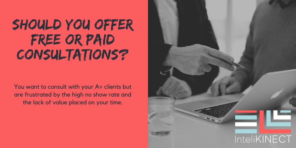 InteliKinect's tweet image. Paid or free, the answer depends greatly on the industry and the content of the consultation. Is the purpose to sell, qualify, or demonstrate expertise?  Are you reducing lead flow or opening lead flow? We schedule paid &amp;amp; free consultations across industries by displaying value.