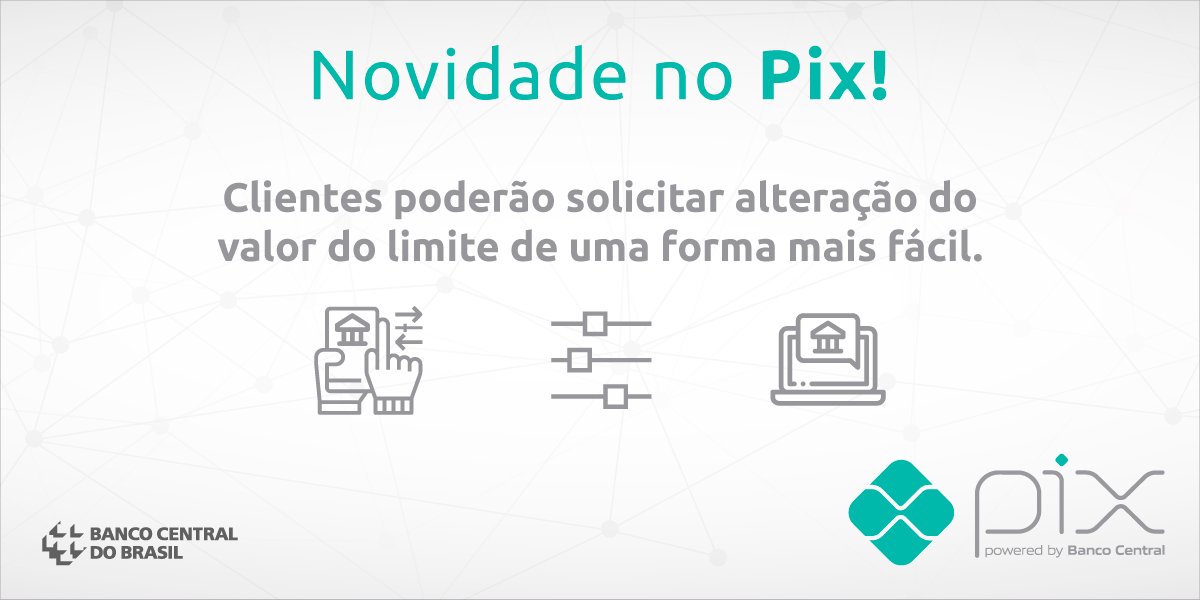 BancoCentralBR's tweet image. As instituições participantes do Pix deverão oferecer a possibilidade de alteração dos limites pelos próprios aplicativos. Além disso, está valendo a regra que padronizou o tempo em que as solicitações de alteração dos limites do Pix devem ser respondidas.