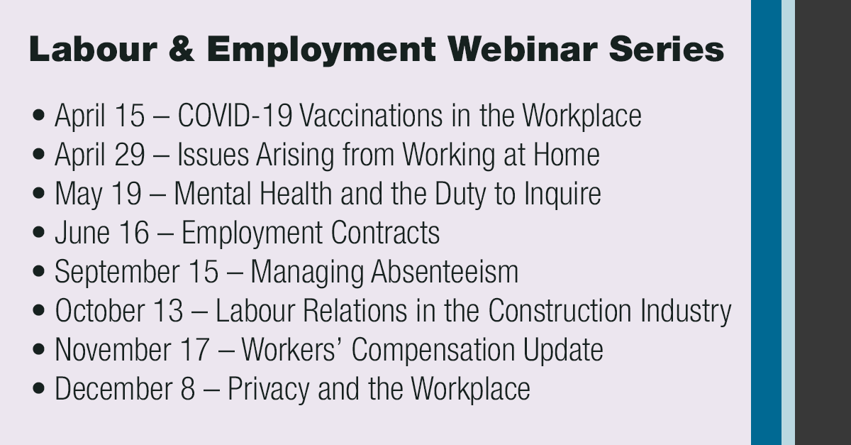 mclennanrossllp's tweet photo. We are pleased to announce our 2021 Labour and Employment Webinar series. Registering for the series will grant you access to all Labour and Employment webinars taking place this year at a 25% discount. Reserve your spot here: https://t.co/C3Yst5Knqk #webinar #labourlaw https://t.co/YaqzZIvjJW