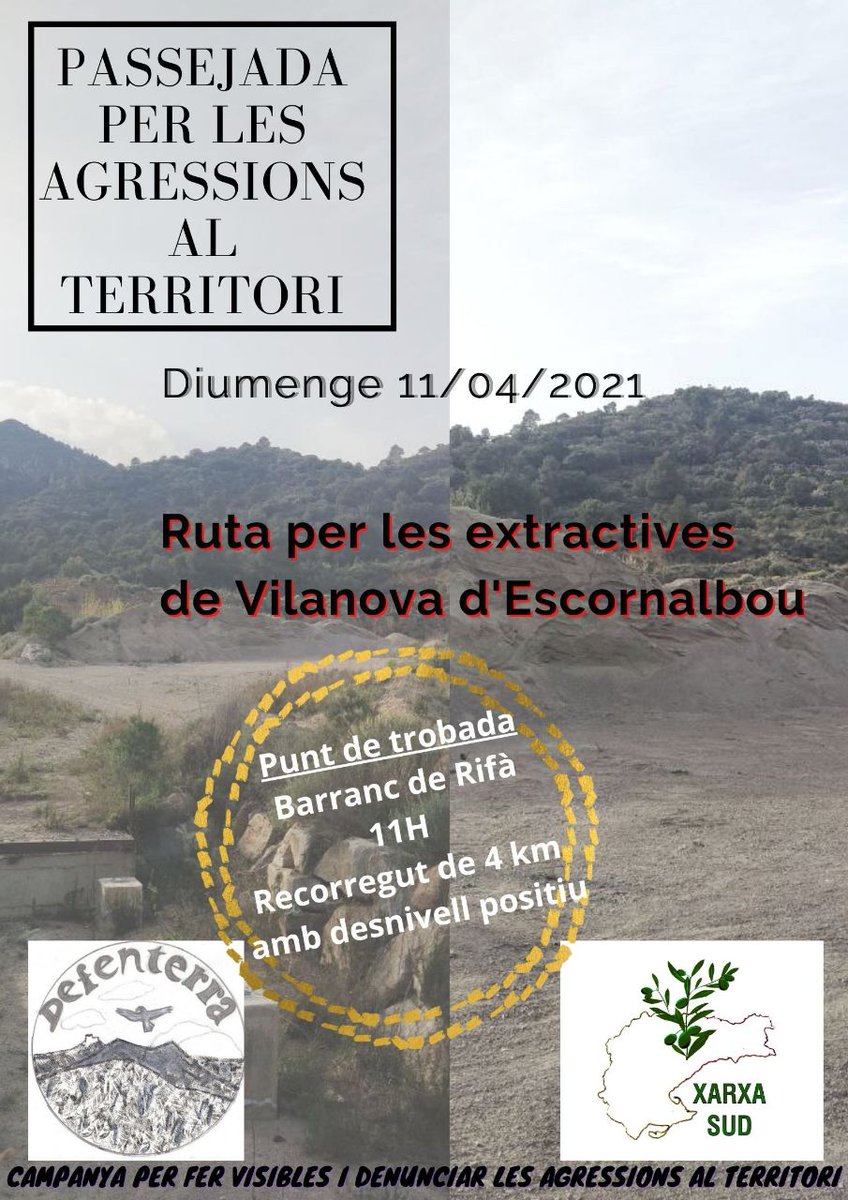 Proper diumemge 11 abril, passejada a les agressions causades per les #canteres de #VilanovadEscornalbou i ara a més, volguda ubicació de l'Alcalde d'<a href="/Esquerra_ERC/">Esquerra Republicana</a> per una planta d'Asfalt a tant sols 500 metres de l'#Areny, #ErmitaMareDéudelaRoca
#Montroig <a href="/SerraLlaberia/">Serra de Llaberia</a>