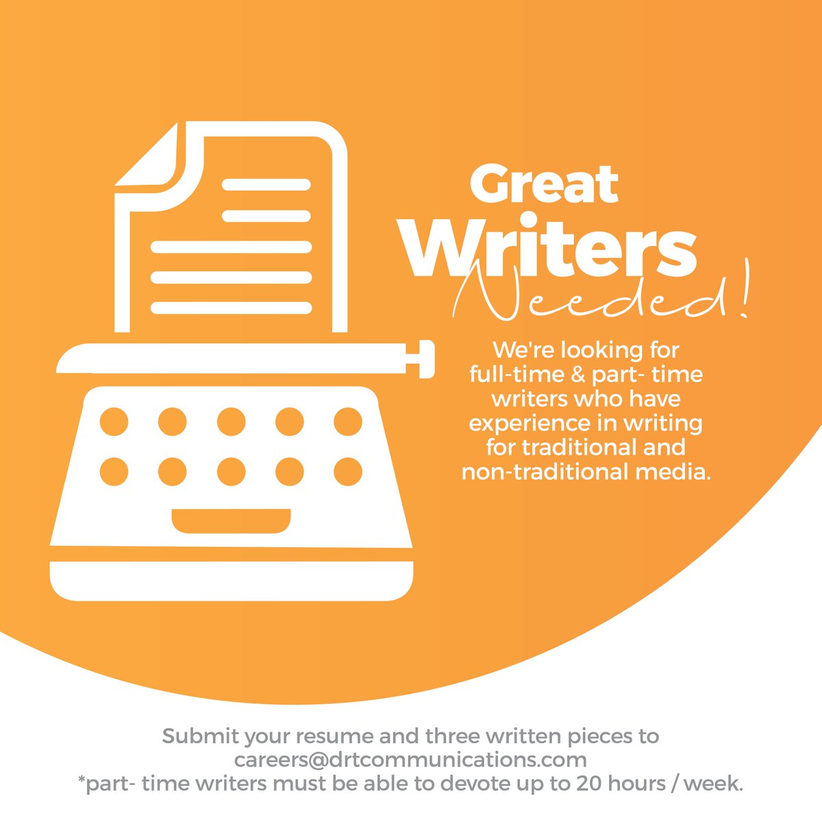drtcomms's tweet image. Do you have top-tier writing skills? Then DRT is the place to be! Email your resume to careers@drtcommunications.com to apply today #TeamDRT