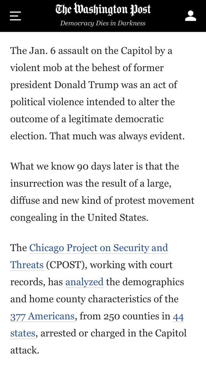 CPOST did 2 surveys to understand the roots of the insurrectionist’s rage. “One driver overwhelmingly stood out”: fear of the ‘Great Replacement’ that white nationalists promote.  https://www.washingtonpost.com/opinions/2021/04/06/capitol-insurrection-arrests-cpost-analysis/“Extensive social media exposure is the second-biggest driver.”