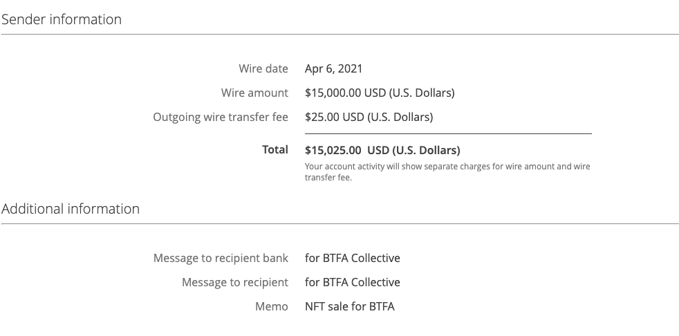 zak_krevitt's tweet photo. Accountability post! Here is my wire receipt to @BTFAcollective. After fees and conversion the total donation came out to $15,000. Thank you again to @veritaskami, @ThisIsAito, @gabriellemic, @dianaesinclair and @ix_shells  for making this possible. Let's keep changing the world. https://t.co/Xl5puZfAaZ