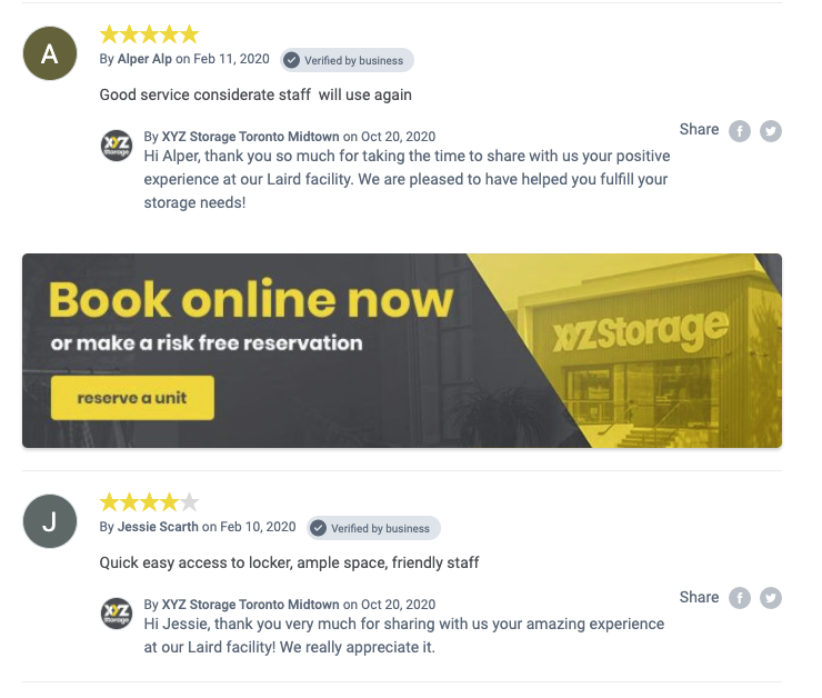 Check out how <a href="/xyzstorage/">XYZ Storage</a> is using their onsite OPIO review feeds to convert potential customers with this attractive call to action! 
xyzstorage.com/locations/toro…