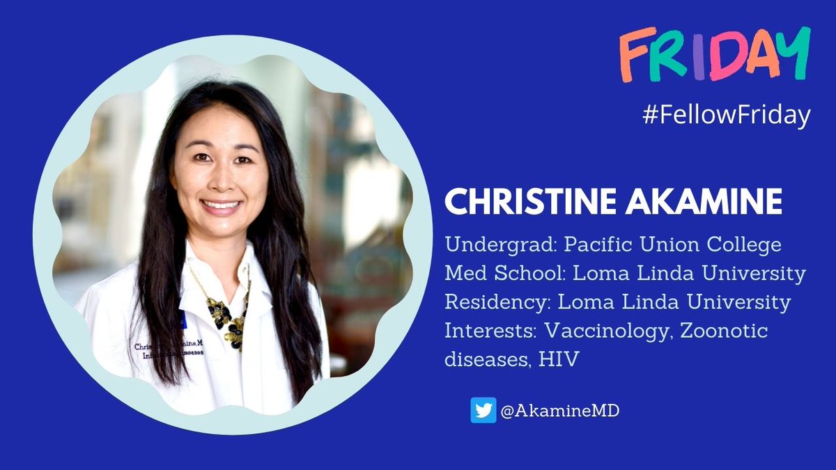 Introducing one of our hard-working Chief Fellows, Christine Akamine @AkamineMD . She has a special interest in vaccinology, zoonotic diseases, and HIV. #FellowFriday #IDTwitter
